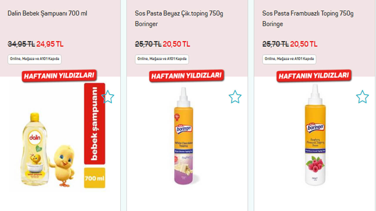 A101 Haftanın Yıldızları 2022 indirimli fiyat listesi: Dalin Bebek Şampuanı 24.95, Cif... 