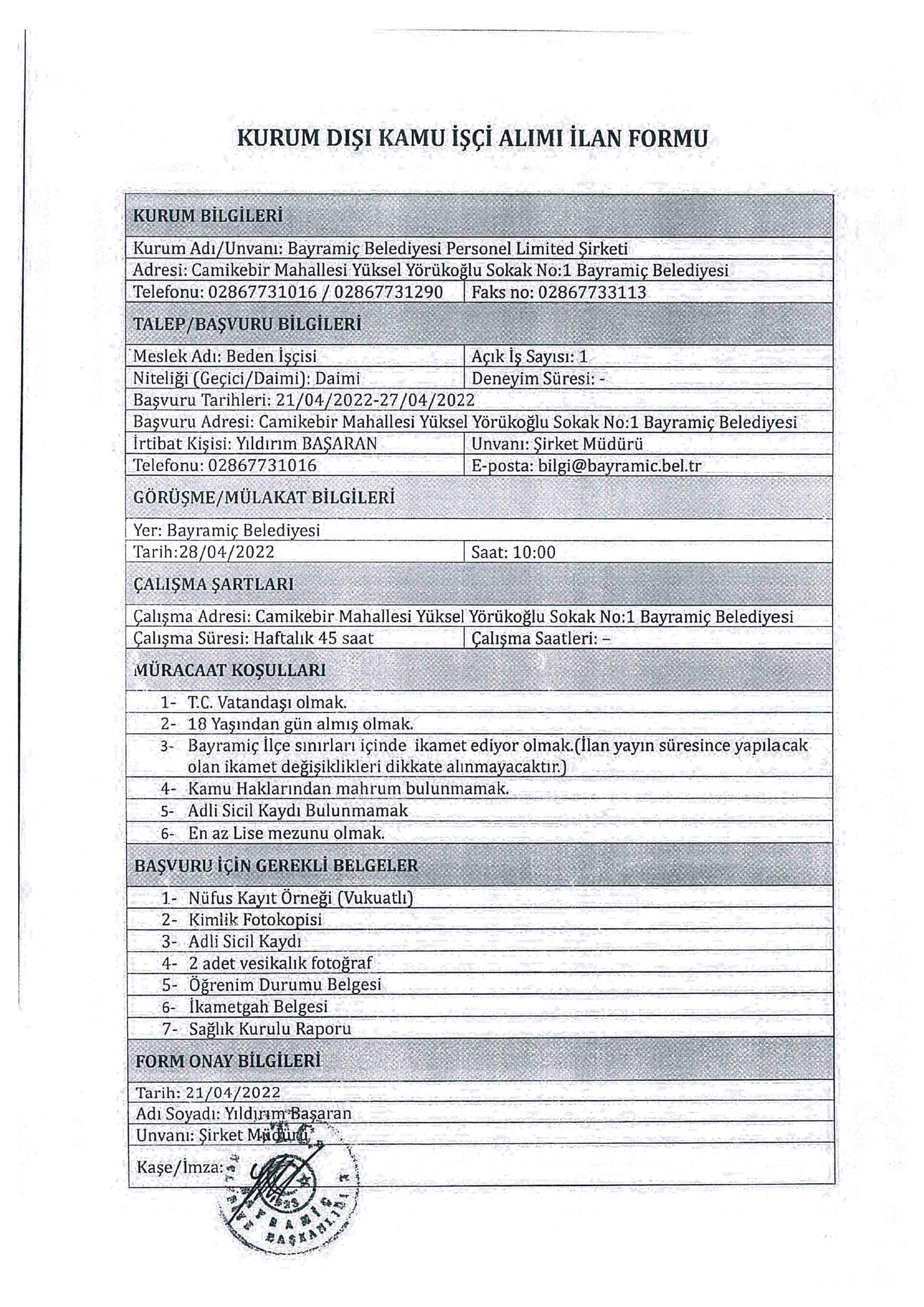 Bayramiç Belediyesi den iş ilanı! Belediyeye işçi alınacak