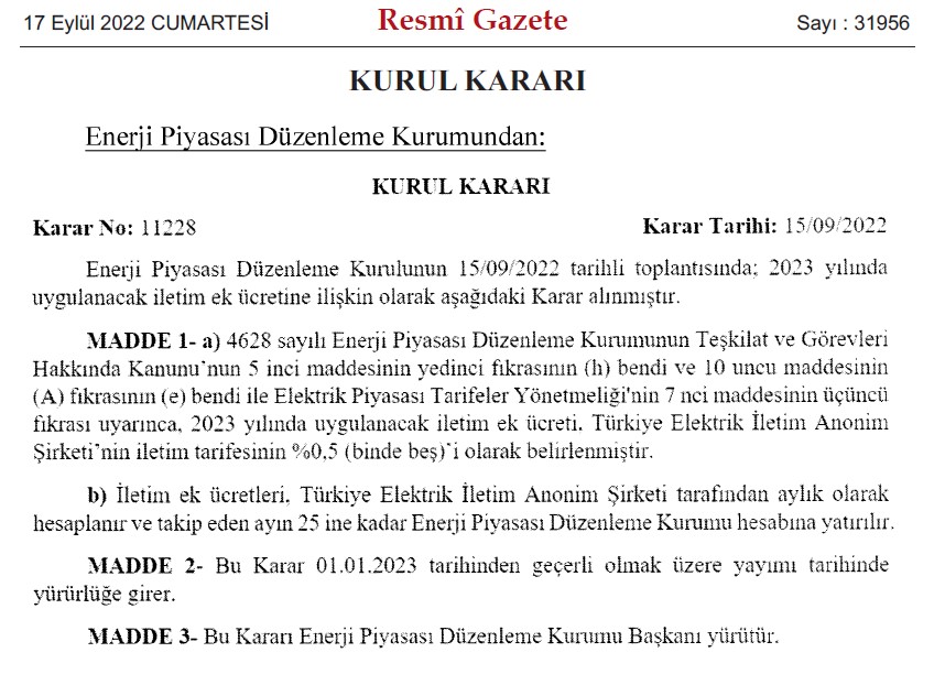 Elektrikte 2023 ek ücreti Resmi Gazete’de açıklandı