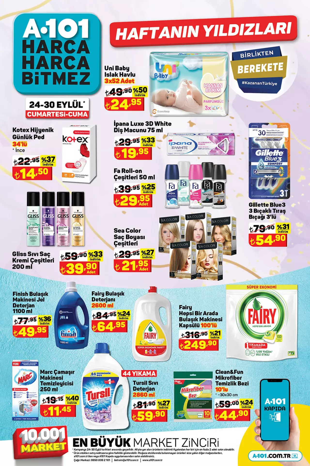 Uni Baby Havlu, Sea Color Saç boyası ve Fairy Kapsül de yüzde 50 ye varan indirim A101 de! 26 Eylül 2022 fiyat listesi