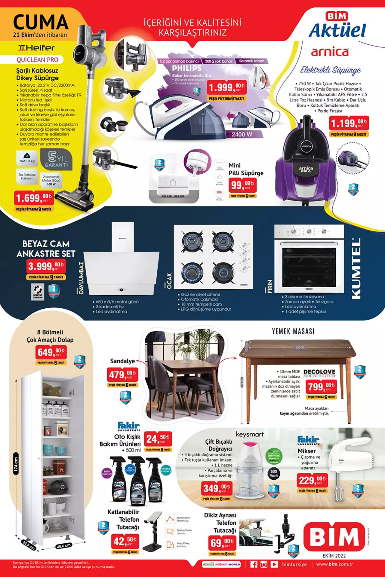 BİM Philips buharlı ütü 1999 TL, Arnica süpürge 1199 TL! BİM aktüellerde 9 taksit fırsatı! 21 Ekim 2022 fiyat listesi