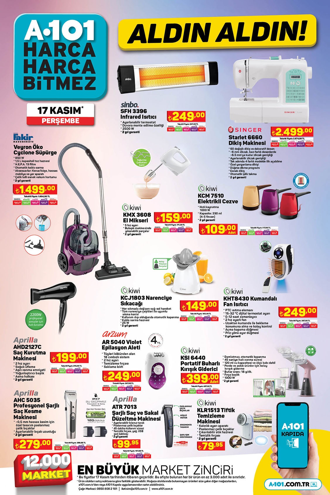 A101 in yeni aktüel kataloğu belli oldu! 5 kg yumuşatıcı 44, Sınger dikiş makinesi 2499 TL! 17 Kasım 2022 fiyat listesi