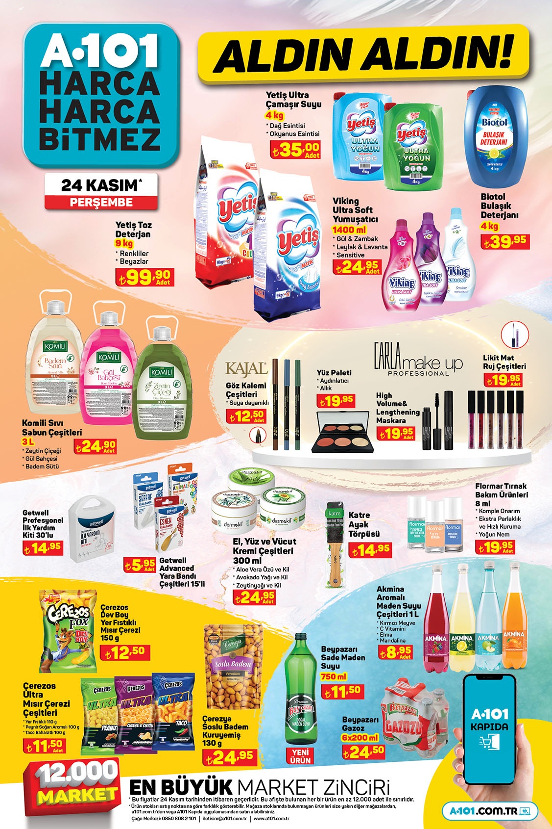 A101 de 4 kg çamaşır suyu 35 TL, 9 kg toz deterjan 99! A101 yeni aktüel kataloğu 24 Kasım 2022 fiyat listesi...