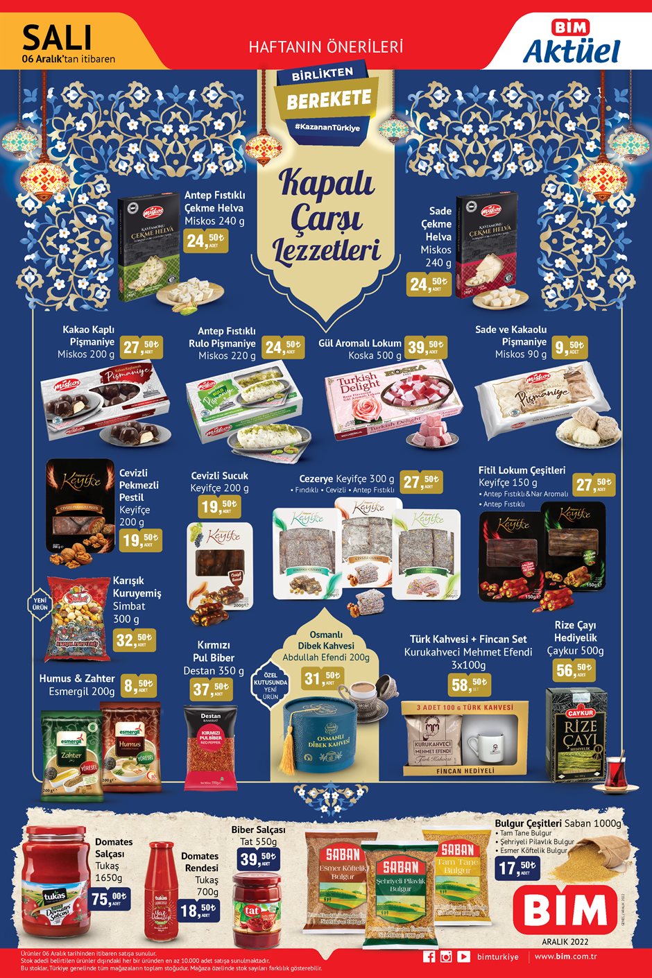 BİM Birlikten Berekete kataloğunda 1650 gr salça 75 TL, bulgur 17 TL, Çaykur çay 56 TL! BİM 6 aralık 2022 fiyat listesi