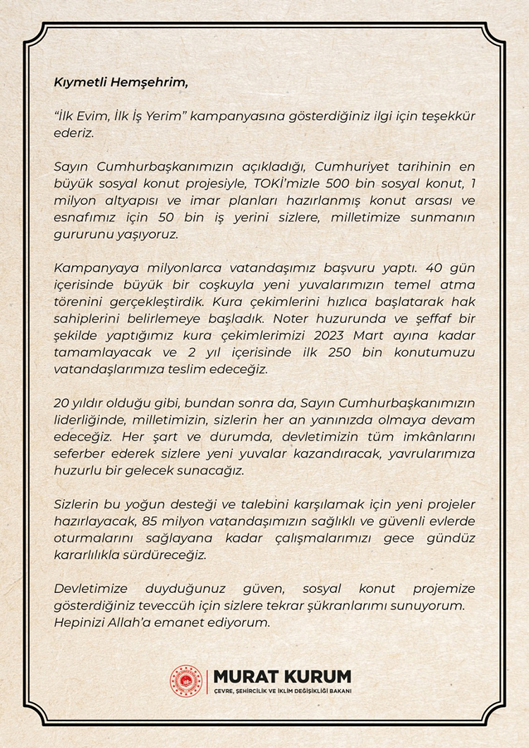 Bakan Kurum dan TOKİ Sosyal Konut projesine başvuran vatandaşlara teşekkür mektubu!