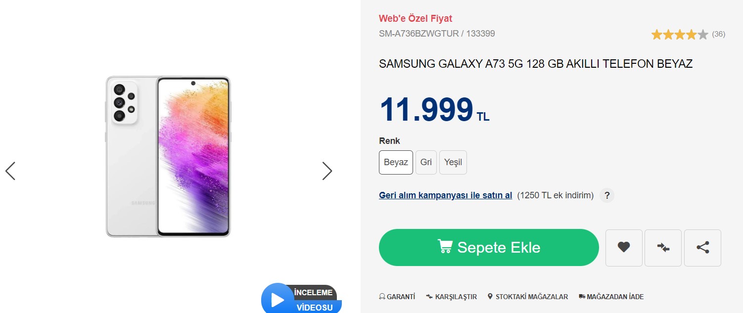 108 Megapiksel kameralı Samsung Galaxy A73 Web`e özel fiyatı ile Vatan Bilgisayar da! 20 Aralık 2022 fiyat listesi...