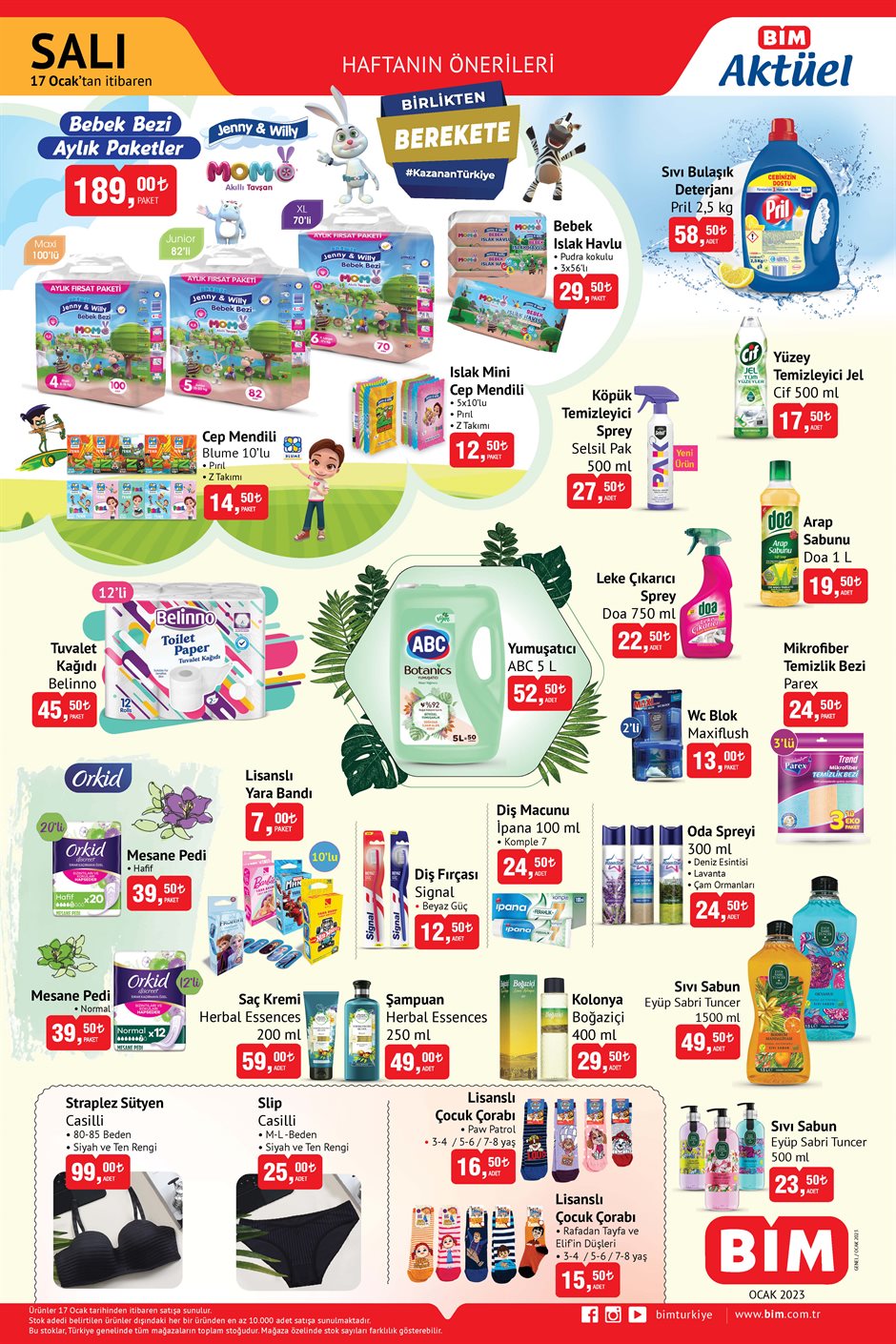 BİM’de bebek bezi 189 TL, leke çıkarıcı sprey 22 TL, yüzey temizleyici 17 TL! BİM 17 Ocak 2023 fiyat listesi