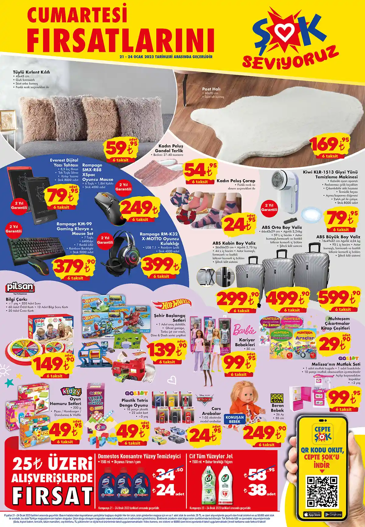 ŞOK Market te Domestos yüzey temizleyicisi 24 TL, kabin valiz 299 TL! ŞOK 23 Ocak 2023 fiyat listesi