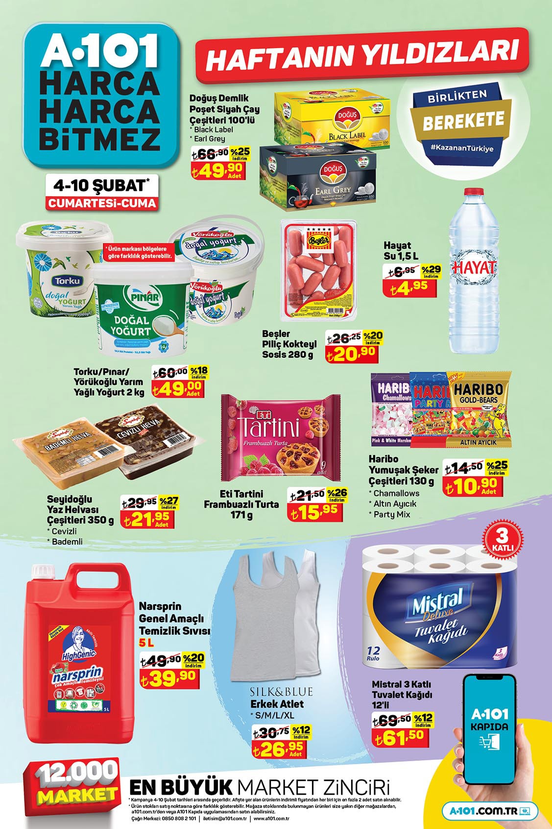A101 de yüzde 20 ye varan indirim başladı! Doğal yoğurt 49 TL, 12 li tuvalet kağıdı 61 TL! A101 5 Şubat fiyat listesi