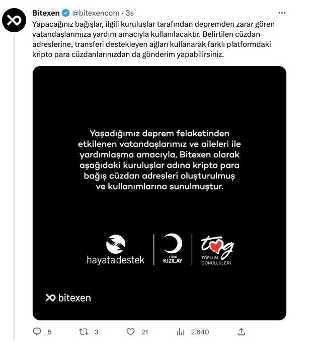 Bitexen de depremzedeler için Kripto Para Cüzdan Desteği