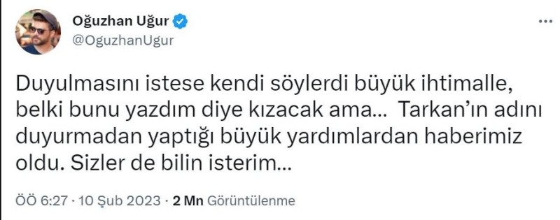 Tarkan dan depremzedelere 1 milyon TL lik yardım!
