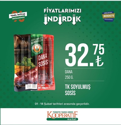 Tarım Kredi Markette dana sosis 32,75 TL, İzmir Tulumu 400 gram 59,90 TL! 13 Şubat 2023 Fiyat Listesi