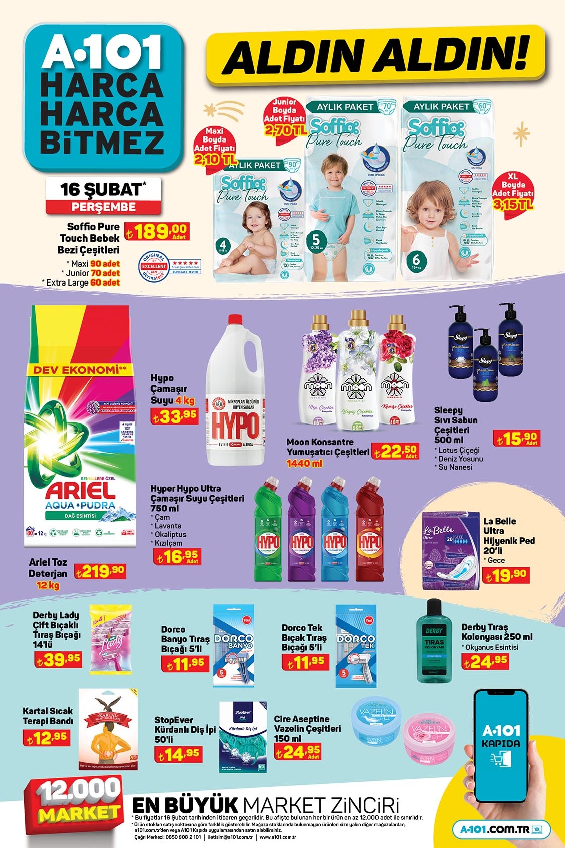 A101 de 12 kg Ariel toz deterjan 219 TL, 4 kg çamaşır suyu 33 TL! Sepetler dolacak! A101 16 Şubat 2023 fiyat listesi...