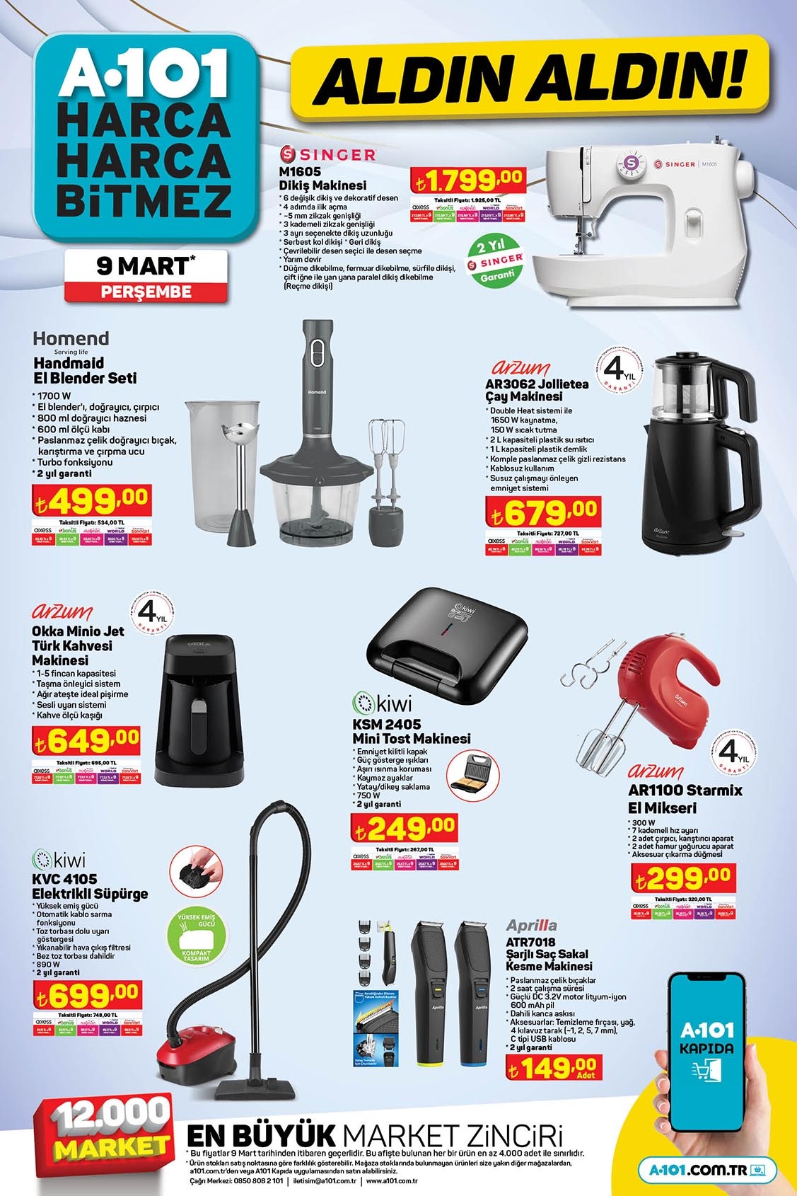 A101 de Singer dikiş makinesi 1.799 TL, Casatı boya 129 TL, 6 kişilik masa 2990 TL! A101 9 Mart 2023 fiyat listesi