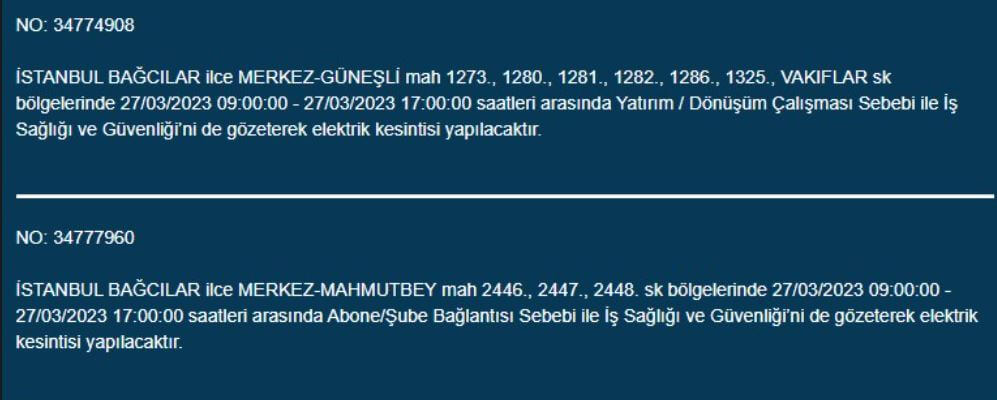 İstanbul’da elektrikler gidecek! İşte 27 Mart 2023 İstanbul’da elektrik kesintisi yaşayacak ilçeler!
