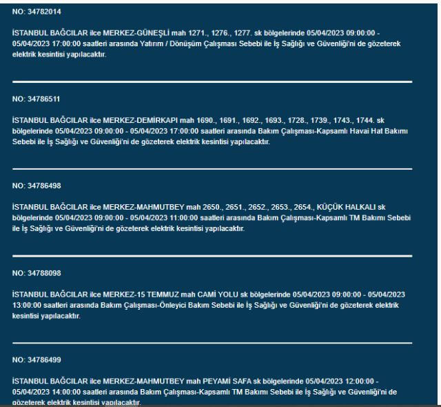 İstanbullular dikkat! Yarın bu ilçelerde elektrik kesintisi olacak! 5 Nisan 2023 elektrik kesintisi olacak ilçeler!
