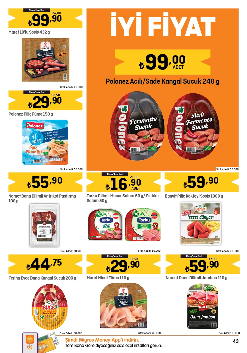 Migros’ta dana kangal sucuk 309 TL’ye, gurme klasik peynir 110 TL’ye, tam yağlı tulum peyniri 72, 50 TL’ye düştü!