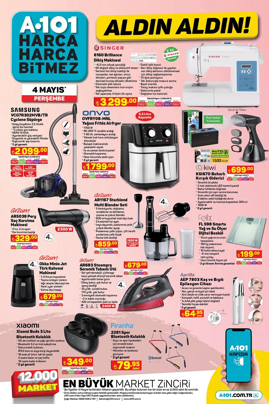 A101’de yüzlerce indirim bir güne sığdı! Airfryer 1800 TL, dikiş makinesi 3300 TL, elektrikli süpürge 2100 TL...
