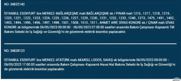 Elektrik yarın kesilecek mi? Bedaş elektrik kesintisi! 6 Mayıs 2023 elektrik kesintisi olacak ilçeler!