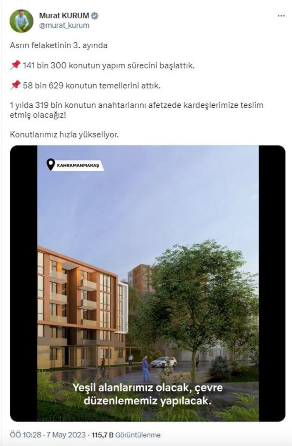Bakan Kurum sosyal medyadan duyurdu: "141 bin 300 konutun yapımına başladık"
