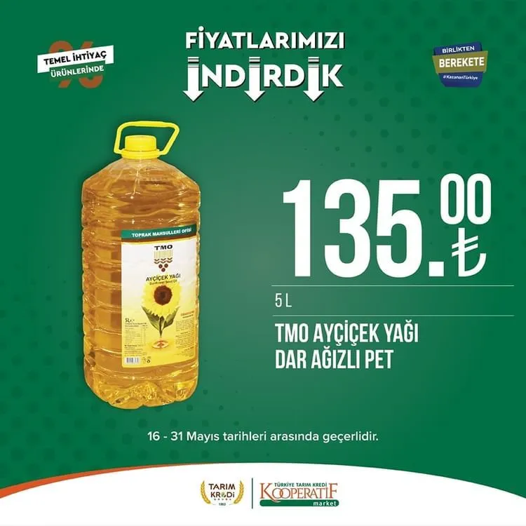 Tarım Kredi Market yeni indirimli ürünlerini duyurdu; Ayçiçek yağı 135 TL ye, Dana Sucuk 289,90 TL ye düştü