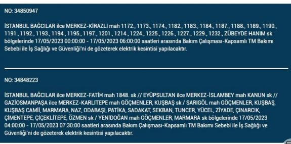 Elektrikler yarın kesilecek! Elektrikler nerede kesilecek! 17 Mayıs 2023 Çarşamba elektrik kesintisi yaşanacak!