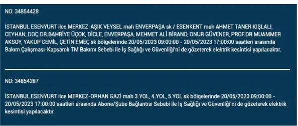 Elektrik kesintisi sorgulama! İstanbul da elektrikler kesilecek mi? 20 Mayıs 2023 Cumartesi elektrik kesilecek ilçeler!