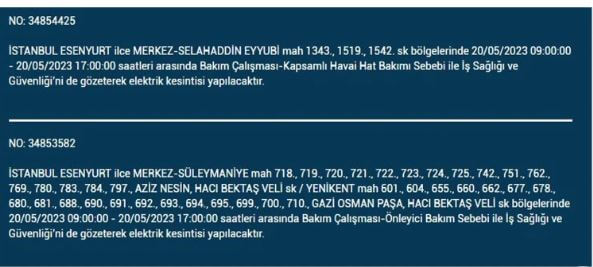 Elektrik kesintisi sorgulama! İstanbul da elektrikler kesilecek mi? 20 Mayıs 2023 Cumartesi elektrik kesilecek ilçeler!
