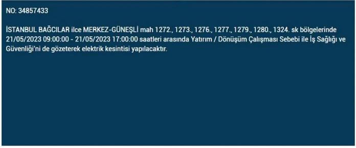 Yarın elektrik kesintisi olacak mı? Elektrik kesintisi bugün ne kadar sürecek? 21 Mayıs 2023 elektrik kesilecek ilçeler!