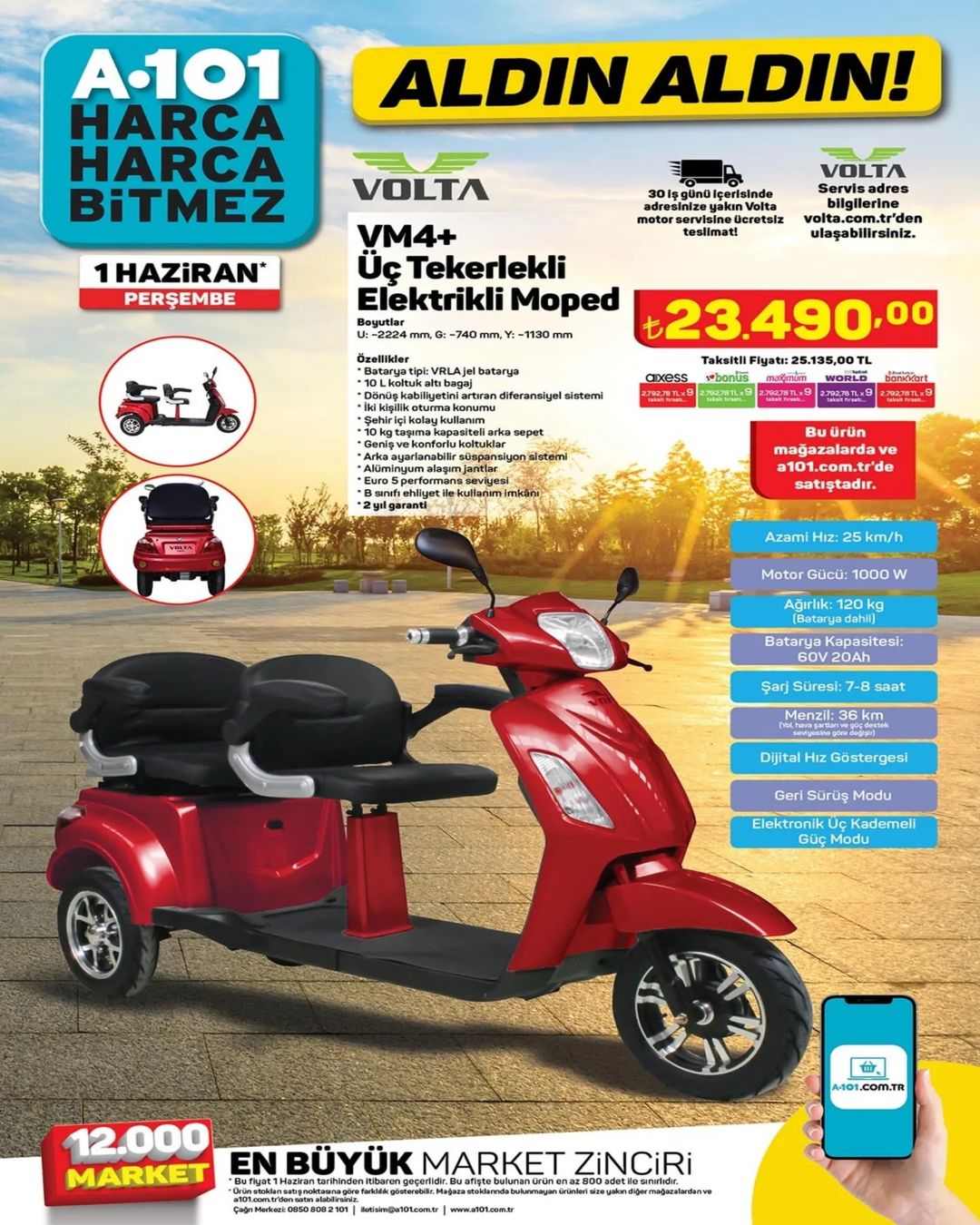 VM4+ Üç Tekerlekli Elektrikli Moped, 1 Haziran Perşembe günü A101 de satışa çıkıyor; Hemen uygun fiyatına bakın