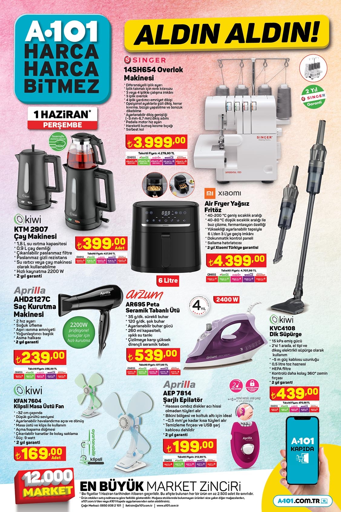 A101’de overlok makinesi 4 bin TL’ye, çay makinesi 400 TL’ye, airfryer 4400 TL’ye düştü!