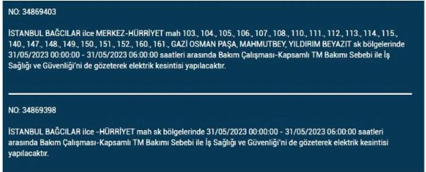 Elektrikler kesilecek mi? 31 Mayıs Çarşamba elektrik kesintisi yaşanacak ilçeler hangileridir?