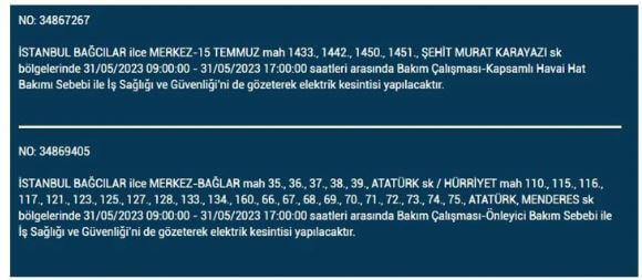Elektrikler kesilecek mi? 31 Mayıs Çarşamba elektrik kesintisi yaşanacak ilçeler hangileridir?