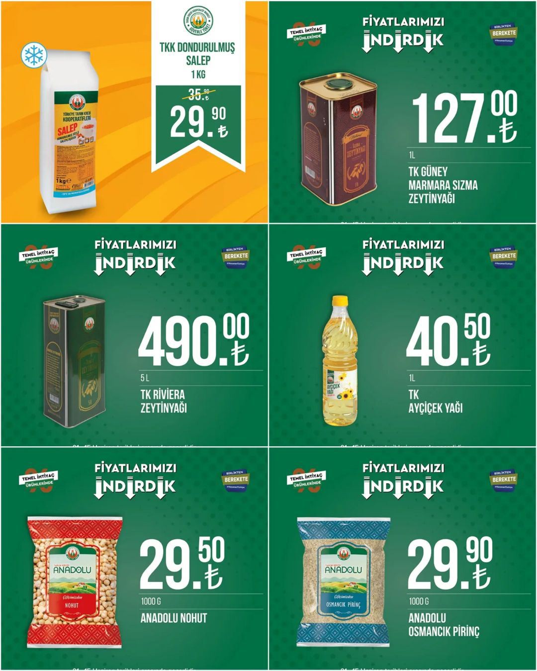 Tarım Kredi Kooperatif Markette fiyatlar indi: 1 lt Ayçiçek yağı 45,50 TL, Pirinç 29,90 TL, domates salçası 37,90 TL