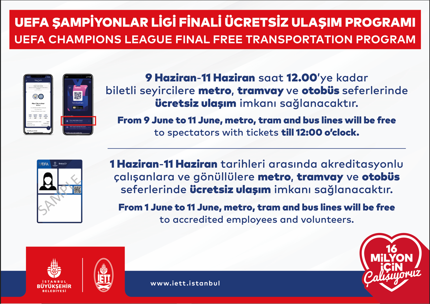 İstanbullulara Müjde: UEFA Şampiyonlar Ligi Finali Günlerinde Ulaşım Ücretsiz!