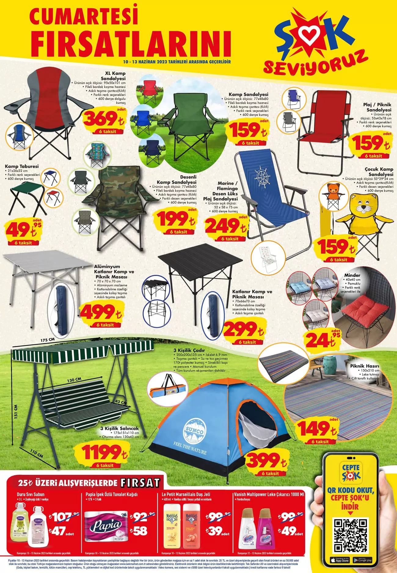 ŞOK’ta büyük mangal 200 TL’ye, 3 kişilik salıncak 1200 TL’ye, katlanır masa 500 TL’ye düştü!