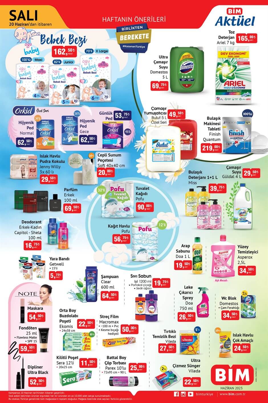 BİM de 5 kg ultra çamaşır suyu 69 TL ye, 7 kg Ariel toz deterjan 165 TL ye, bebek bezi 162 TL ye düştü!