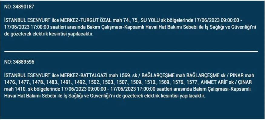 Bu ilçelerde elektrikler kesilecek! İşte 17 Haziran Cumartesi elektrik kesintisi yaşanacak ilçeler!