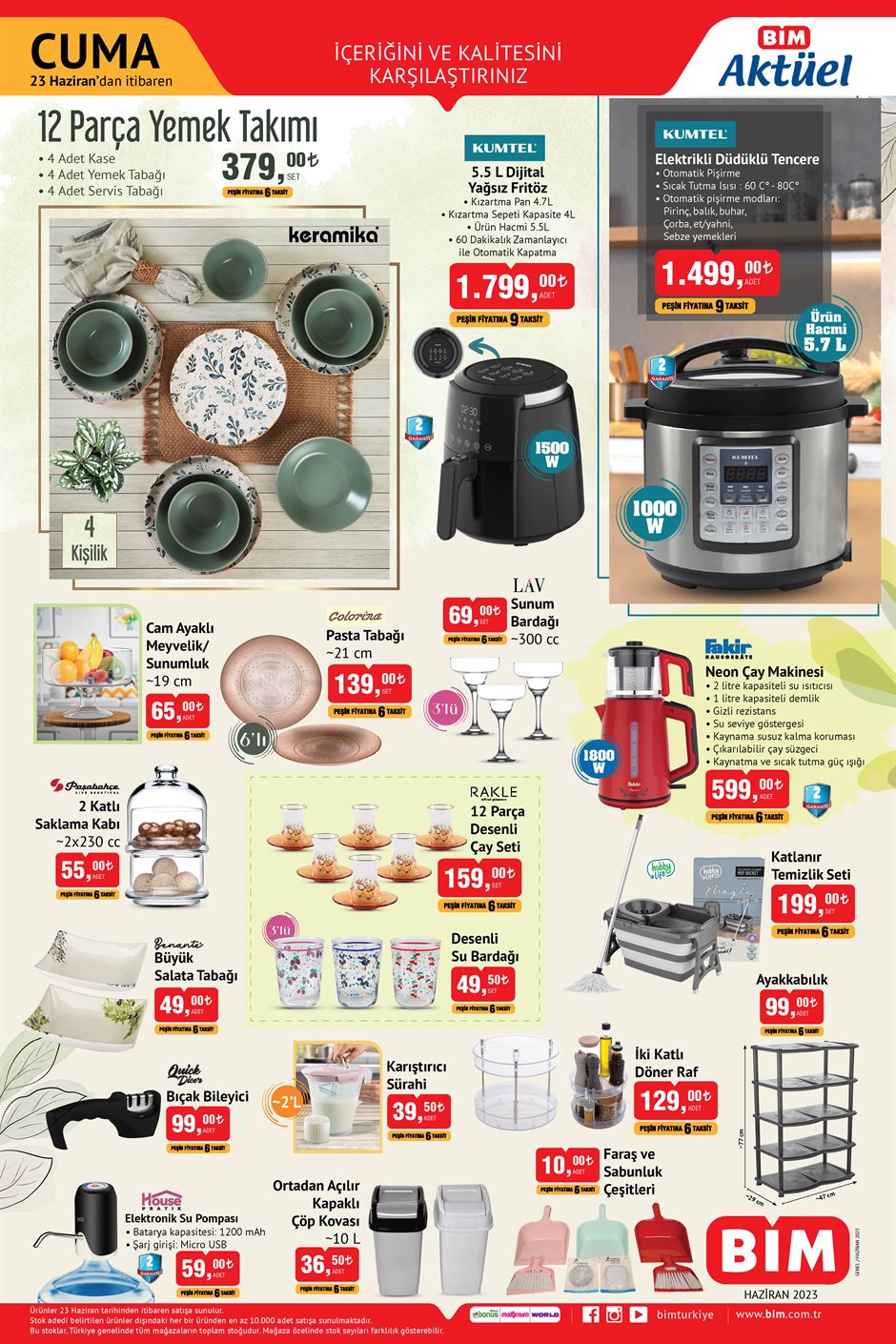 BİM’de Kumtel elektrikli düdüklü tencere seti 1.499 TL’ye, katlanır temizlik seti 199 TL’ye su pompası 59 TL’ye düştü!