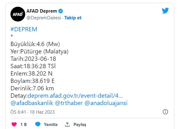 AFAD dan son dakika açıklaması: Malatya da 4.6 büyüklüğünde deprem meydana geldi!