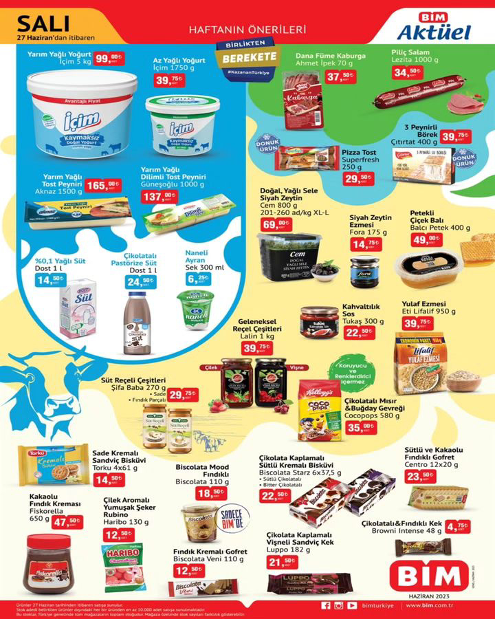 BİM de 1500 g Tost Peyniri 165 TL ye, 5 kg yoğurt 99 TL ye, 800 g sele zeytin 69 TL ye düştü