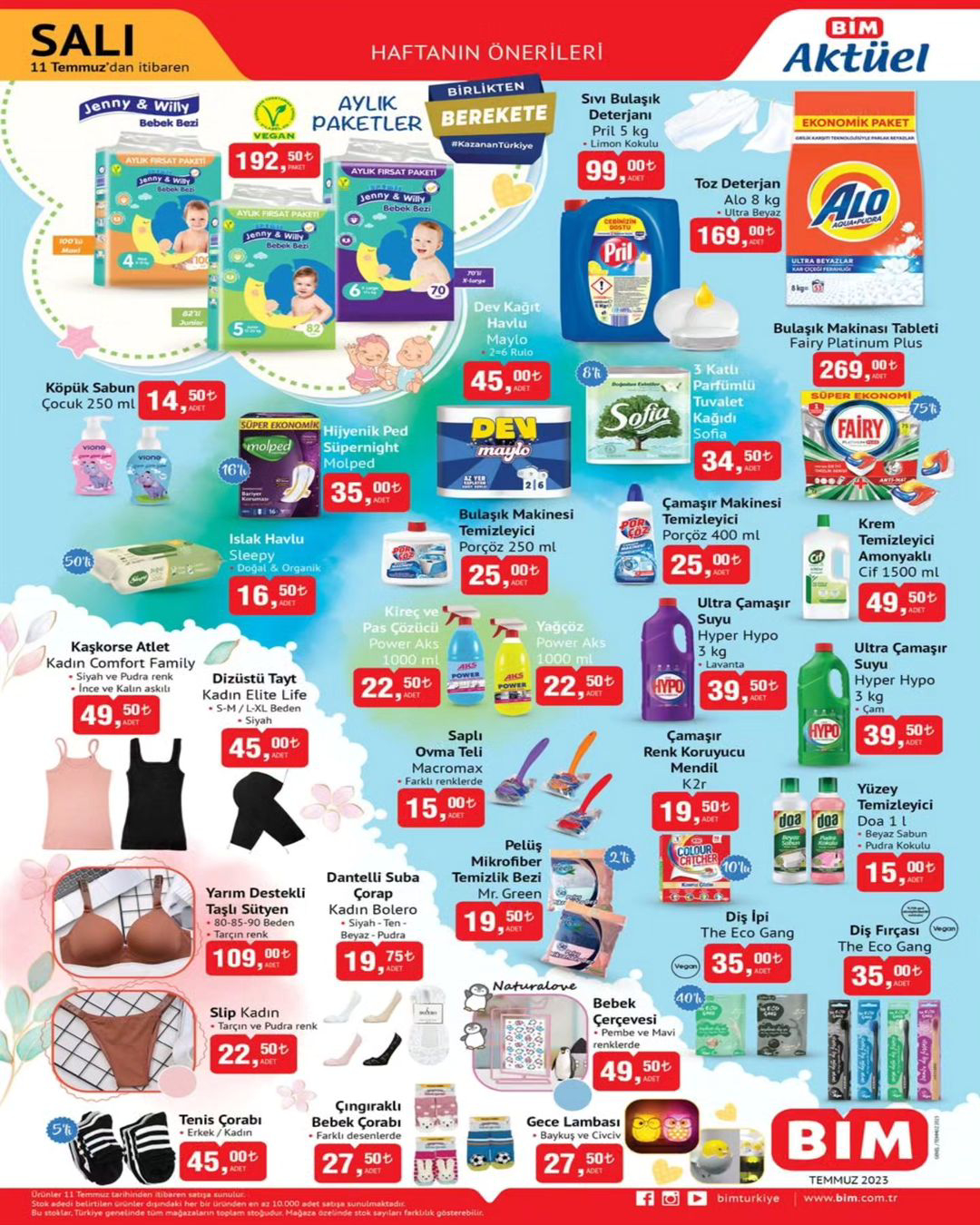 BİM de 8 kg Alo toz deterjan 169 TL ye, 1 kg kaşar peyniri 155 TL ye, 700 gr domates salçası 29,75 TL ye düştü