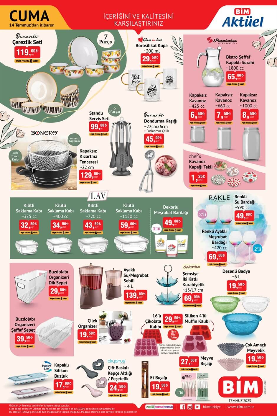 7 parça çerezlik seti 119 TL ye, kavanoz kapağı 1, 25 TL ye, şeffaf sürahi 65 TL ye düştü! BİM aktüel ürünler kataloğu