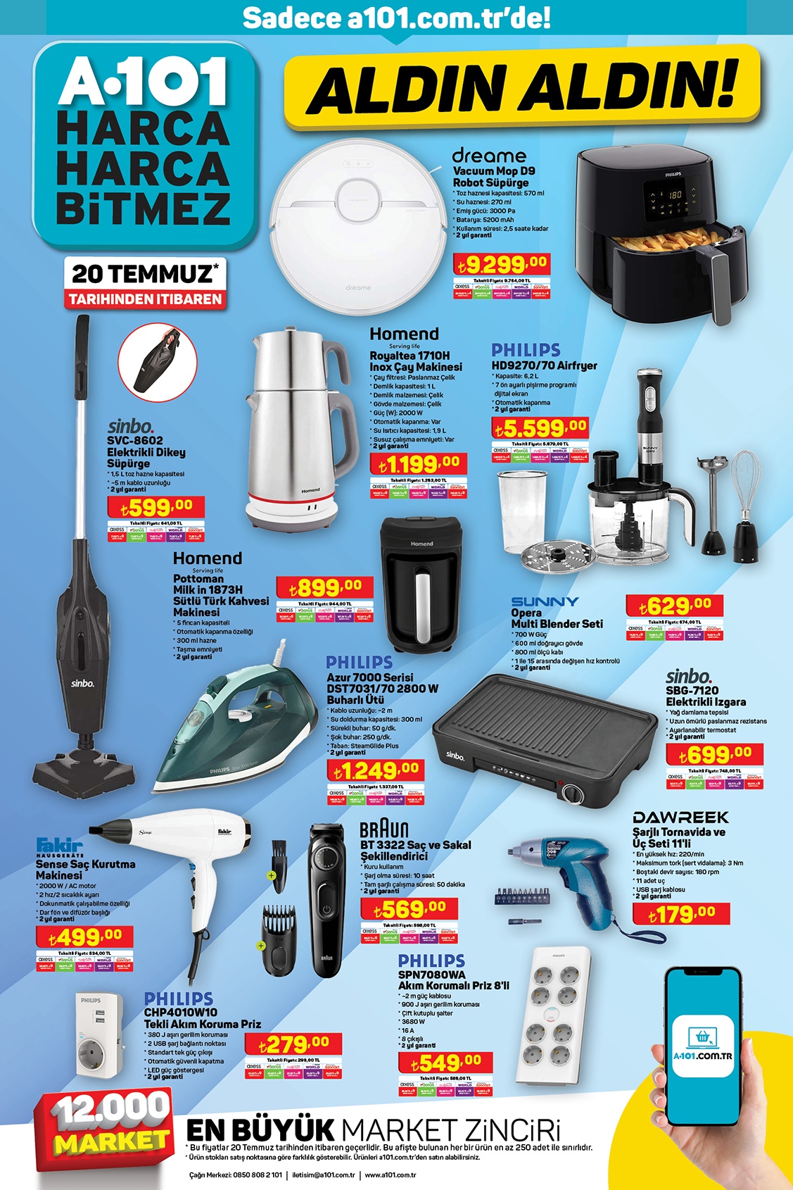 A101’de robot süpürge 9.299 TL’ye, Sinbo elektrikli dik süpürge 599 TL’ye Alley 9 kg toz deterjan 124 TL’ye düştü!